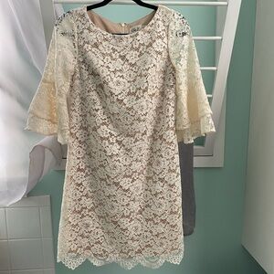 Eliza J Ivory Lace Midi Dress with Flounce Sleeves